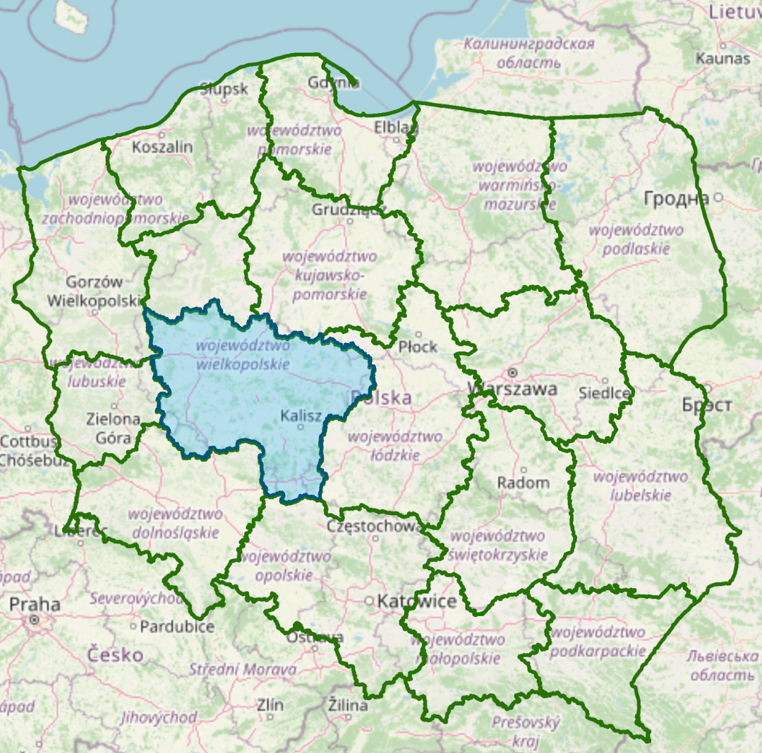 Mapa przedstawiająca granice regionalnych dyrekcji Lasów Państwowych, w tym tej poznańskiej na mapie Polski. Źródło mapy: Google Maps
