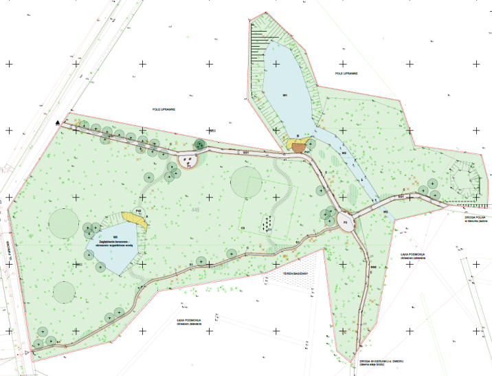 Zdjęcie&#x20;przedstawia&#x20;mapę&#x20;projektową&#x20;dotyczącą&#x20;&#x2c;&#x2c;Rewaloryzacji&#x20;Parku&#x20;Dworskiego&#x20;w&#x20;Luboszu&#x22;